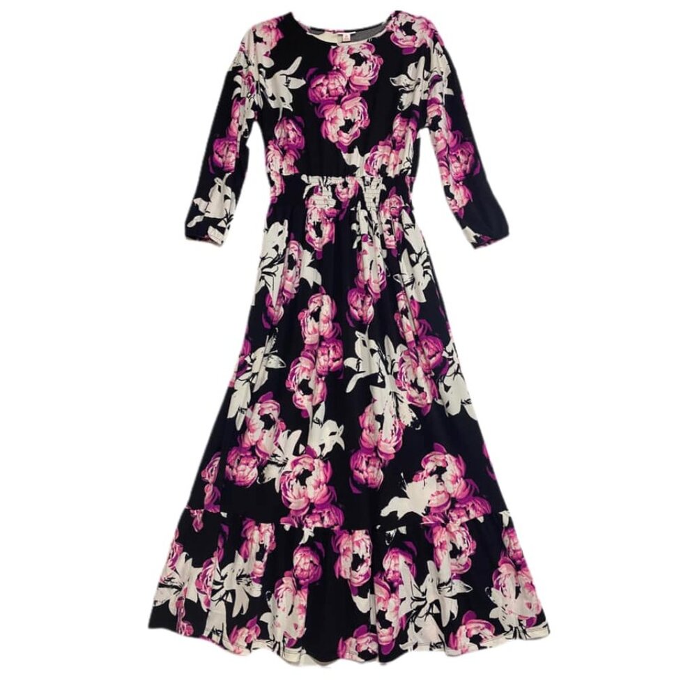 NEW M LuLaRoe Evelyn Smocked Waist Maxi Dress Long Sleeve‎ Black Floral PINK